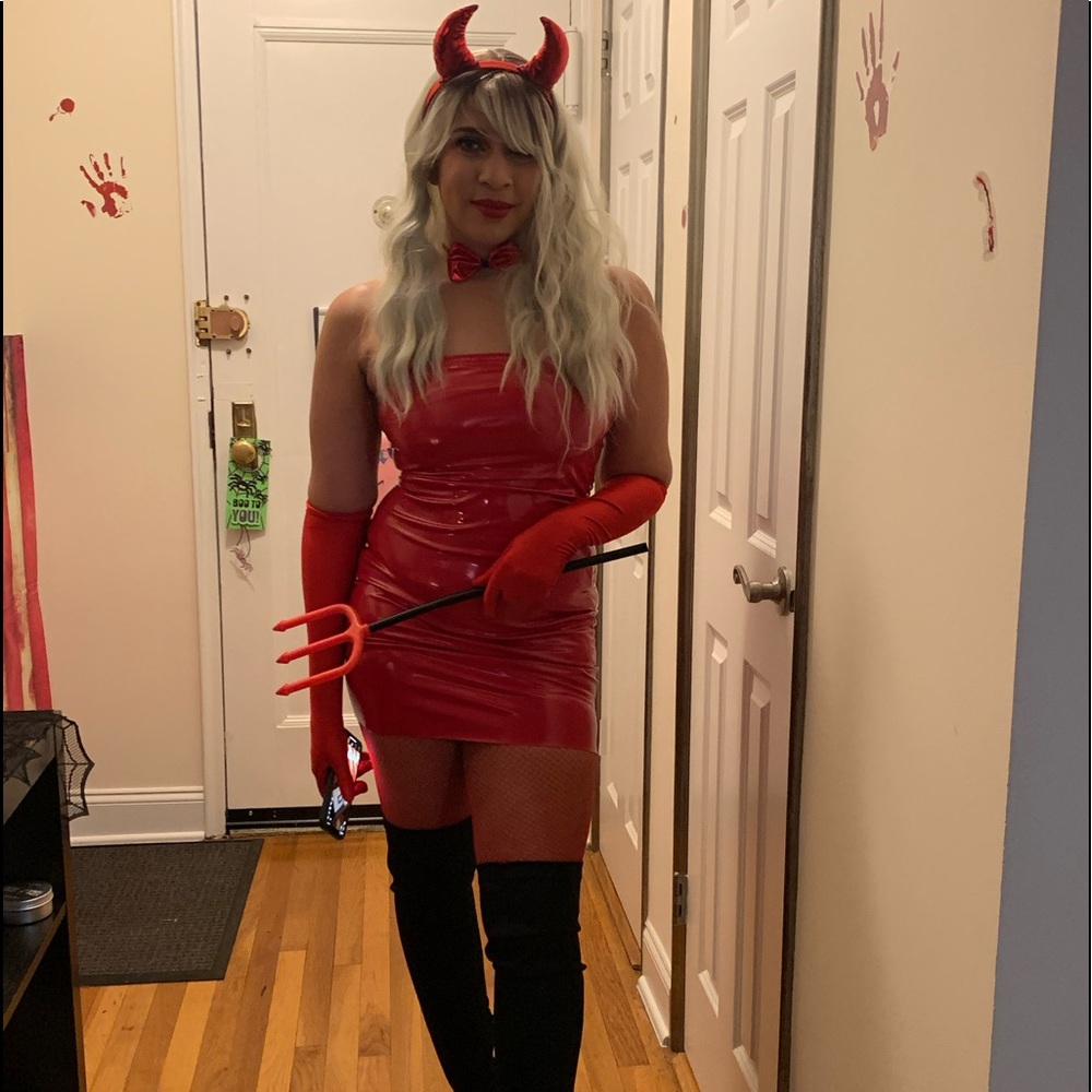 Red leather bandeau bodycon dress